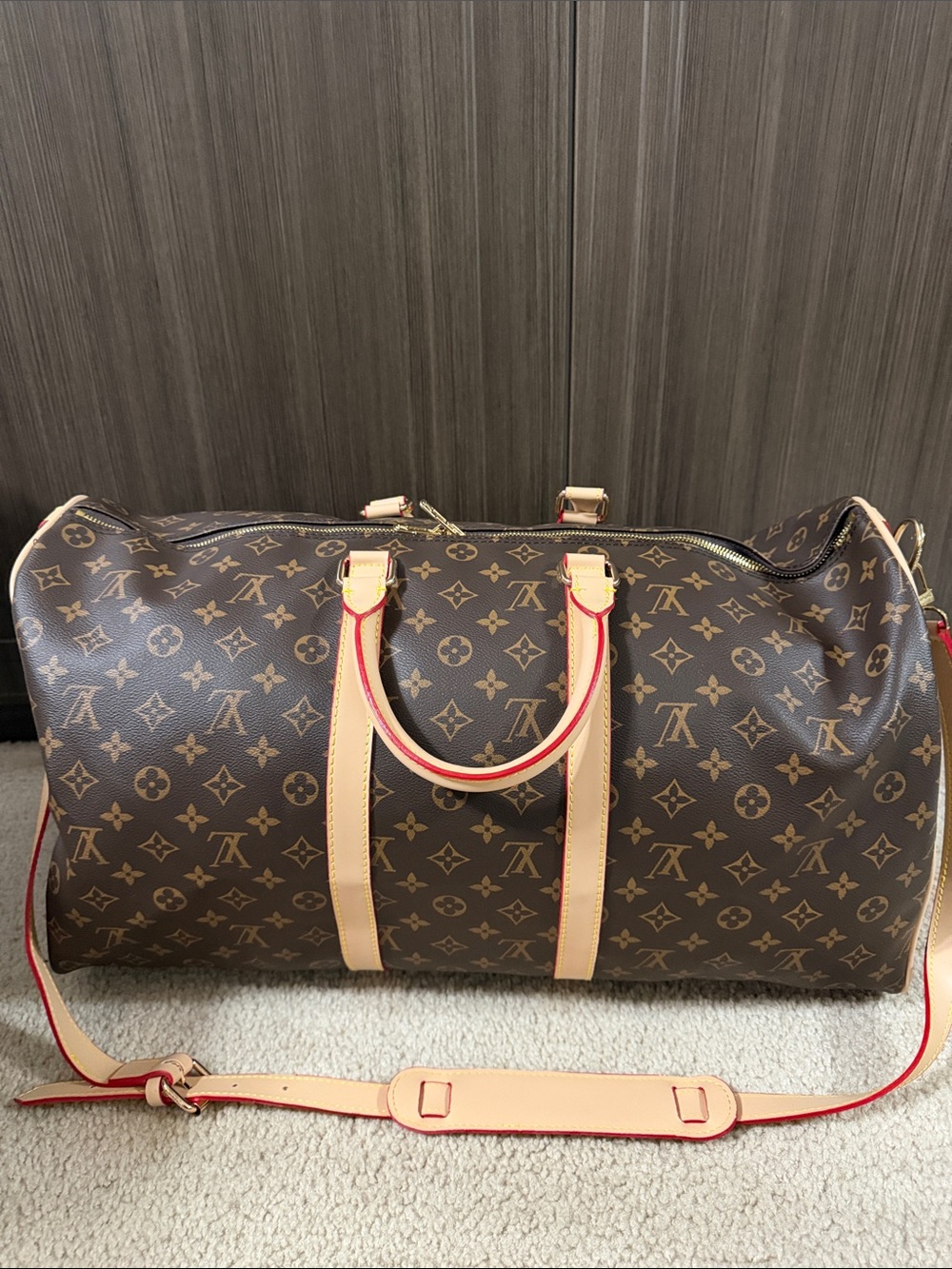 Designer inspired Monogram Travel Duffel with Natural Trim and Red Piping